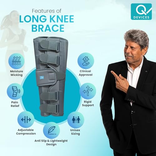 Image of Q DEVICES Long Knee Brace 22 inch Rigid Support, Immobilizes & Stabilizes Knee, & Relieves Pain With Optimal Comfort, Adjustable Strap, Anti Slip Design, Unisex (M)