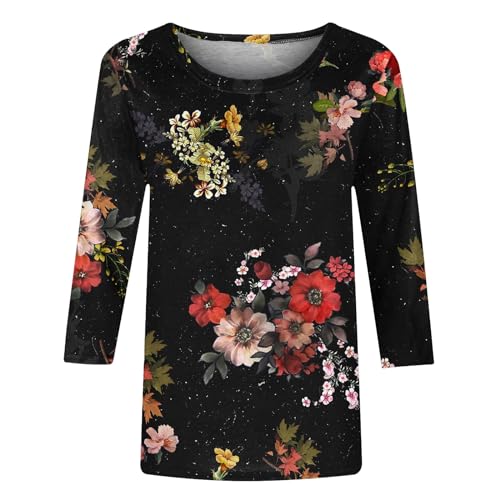 Camisetas femininas de manga 3/4 com estampa floral, gola redonda, casual, folgada, estampada, roupa
