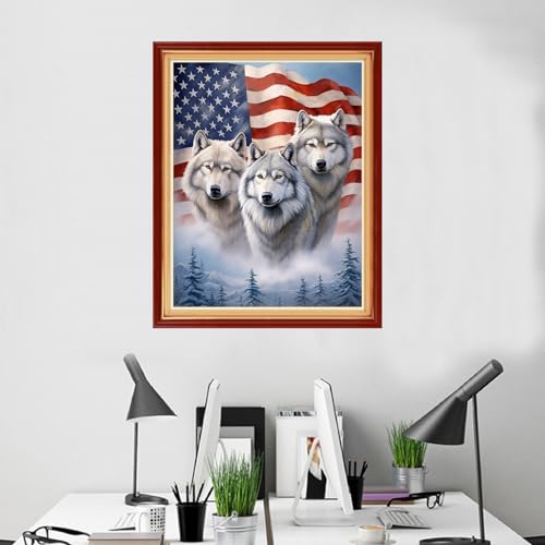 Image of Foxhool Beginners Cross Stitch Kits Stamped Full Range of Embroidery Kits for Adults DIY Cross Stitches kit Embroidery Patterns for Needlepoint kit-Flag Wolf 16x20 inch