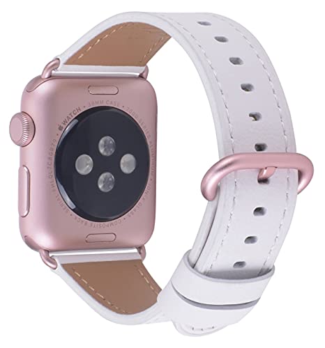 JSGJMY Compatible with Apple Watch Band 38mm 40mm 42mm 44mm Women Men Genuine Leather Replacement Strap for iWatch Series SE 6 5 4 3 2 1(White with Rose Pink Clasp,42mm/44mm M/L)