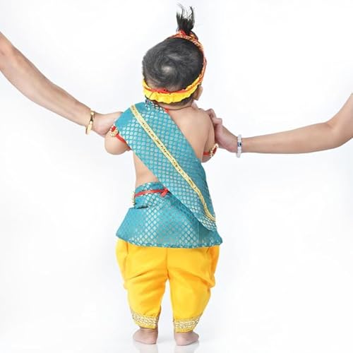 Image of Krishna Dress for Kids - FancyDress for Boys & Girls | Bal Krishna with Mukut, Flute & Accessories (Set of 10)| Janmashtami