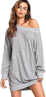 Romwe Women's Long Sleeve Oversized Off Shoulder Knit Mini Sweater Dress Grey L