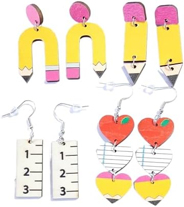 Teacher Stud Earrings Set Colorful Crayon Pencil Ruler Heart Shape Teacher's Gift Rainbow Dangle Earrings Bulk Wooden Jewelry for Women for school first day，back to school student jewelry-4pairs image 2
