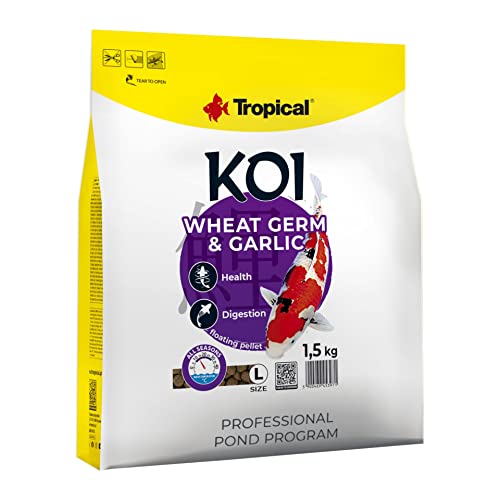 Koi Wheat Germ & Garlic Pellet Size L 5L / 1,5kg - Aliment Quotidien pour Tous Les Poissons d'étang, avec ajout d'ail, Gros granulés