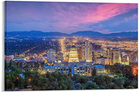 Canvas Wall Art Salt Lake City Skyline Utah at Night in USA Canvas Prints Wall Art Paintings Artworks Pictures Posters for Living Room Bedroom Decoration, Gift for Wedding Christmas Mother's Day 16x2
