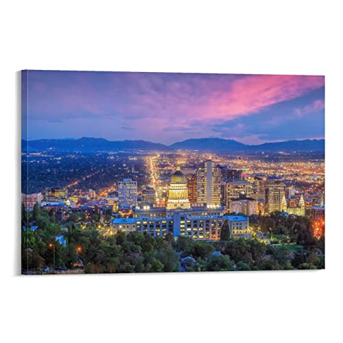 Canvas Wall Art Salt Lake City Skyline Utah At Night In Usa Canvas Prints Wall Art Paintings Artworks Pictures Posters For Living Room Bedroom Decoration, Gift For Wedding Christmas Mother's Day 16X2 #TOP6