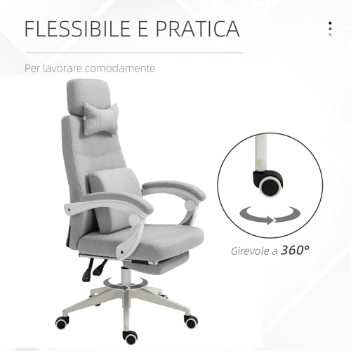 Sedia da Ufficio Ergonomica, Sedia da Scrivania con Rotelle, Cuscino Lombare, Poggiatesta e Poggiapiedi Estraibile, Grigia 62x68x117-127cm - Sedia gaming - Immagine 6