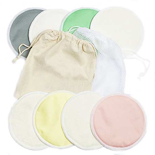 Kiddo Care Organic Bamboo Nursing Pads -8 Pack Pastel Color - Reusable Breast Pads,Washable Bra Pads, Waterproof, Free Laundry Bag, Free Travel Bag !