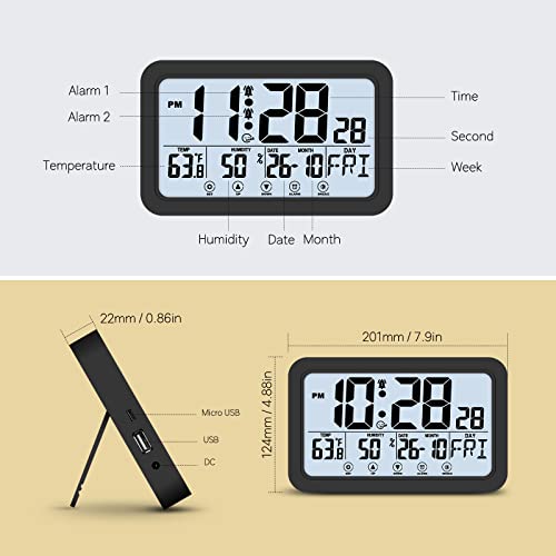 Digital Wall Clock, Digital Clock Battery Operated, Clocks With Large Display, Alarm Clock With Backlight, Desk Clock With Temperature Humidity Day Date For Bedroom Living Room Office (Black) #TOP6