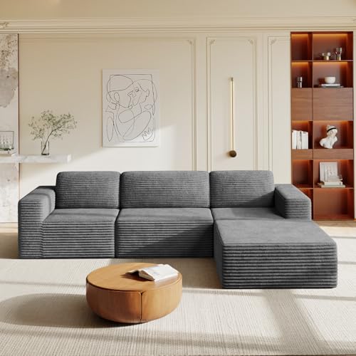 Image of Vesgantti 119 inch L-Shaped Modular Sectional Sofa, Corduroy Cloud Couch with Deep Seating & Spring Support, Flexible Layout Sofa with Ottoman, Boneless Style, No Assembly Required, Grey