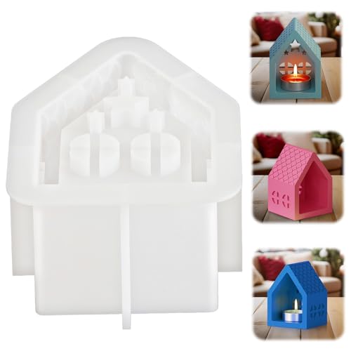 Silikonformen für Sterne und Häuser - 3D Weihnachten Kerzenhalter, Hohle Hauskerze Gießform, DIY Sterne Häuser (C)