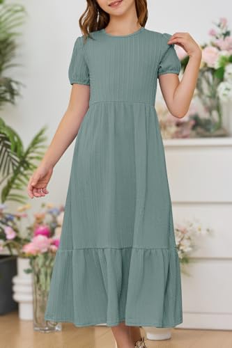 YOVION Girls Maxi Dress Summer Puff Sleeve Crew Neck Tiered Flowy Casual Holiday Dresses with Pockets for 6-12 Y2