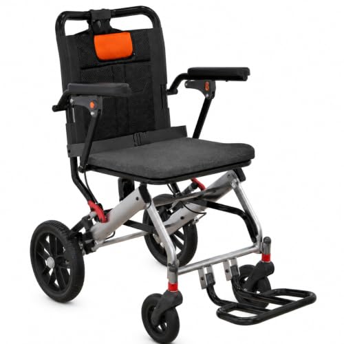 Lightweight Folding Transport Wheelchair, 16 Inch Seat Width, Aviation Aluminum Frame Medical Mobility Chair, 10 Inch PVC Rear Wheels, Portable Attendant Push Wheelchair for Adults Travel by EliteEdge - Used condition - CA$171.49