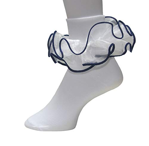 Girls Double Ruffle Socks - Big Full Organza with Trim Pageant Fanfare Foldover Ankle Style - 6-12 Month Old (Size 3-4, White w/ Navy Trim)