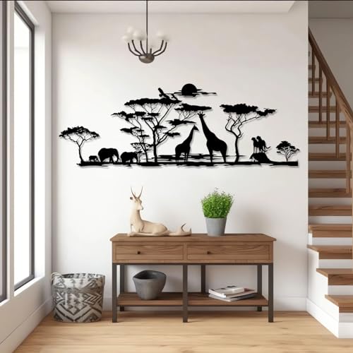 Image of Safari Animals Metal Wall Decor, Africa Metal Wall Art, Africa Savanna Wall Hanging Art, Wildlife Nature Decor, Africa Tree and Animals, Wildlife Silhouette, Wildlife Lover Gift, Home Decor (17"x48"|42x121cm, Black)