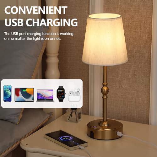 MEIXISUE Cordless Rechargeable LED Table Lamp with Dimmer,Nightstand Lamp with USB Port,Antique Brass Portables Outdoor Lamp, Battery Operated Lamp for Patio Bedroom Bedside Balcony Camping Bar RV - Thumbnail 5