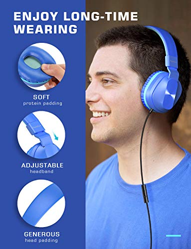 PeohZarr Headphones for Kids Students Girls Boys Teens Adults, Wired Headphones with Microphone, Folding Stereo Kids Headphones for Smartphone Tablet Laptop Computer Kindle MP3/4-Blue/Teal
