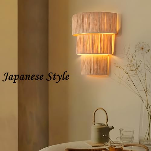 Image of Bofea-Boho Wall Llight with Hand Woven Hemp Rope Shade,Plug in Wall Sconce | Hand Woven Wall Hanging Lamps,Rustic Three Layers Wall Lamps Light Fixture Indoor for Bedroom Stairway