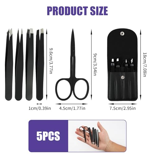 Juego de 5 pinzas de depilar profesionales de acero inoxidable, pinzas de precisión negra con revestimiento antideslizante, funda de piel incluida para cejas, pelo encarnado y cuidado facial - imagen 2