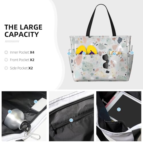 Beach Bags For Women Large Waterproof Sandproof Beach Tote Bag Lightweight Zipper Carry On Bag Terrazzo Marble Pastel Pool Bag For Gym Travel Vocation3