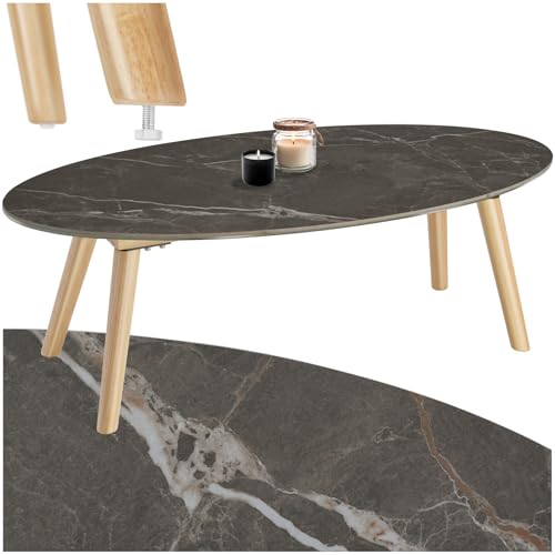 Table basse ovale pieds en bois massif, hauteur réglable embouts antidérapants, plateau en pierre robuste aspect marbre, montage facile, idéale pour l’intérieur
