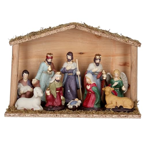 Gisela Graham CERAMIC NATIVITY FIGURES IN WOOD STABLE ORN
