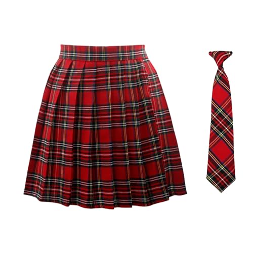 BSJIA Girls Womens Pleated Cosplay Cheer Skirt Red Plaid High Waist Mini School Uniform Tennis Skirts Christmas with NeckTies