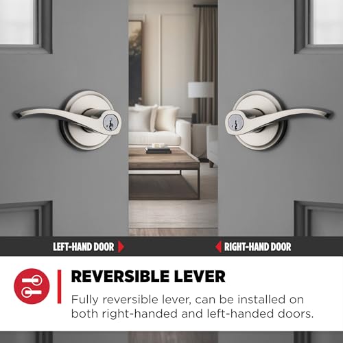 Image of Kwikset Sedona Entry Door Handle with Lock and Key, Secure Keyed Reversible Lever Exterior, for Front Entrance and Bedrooms, Satin Nickel, Pick Resistant Smartkey Rekey Security and Microban