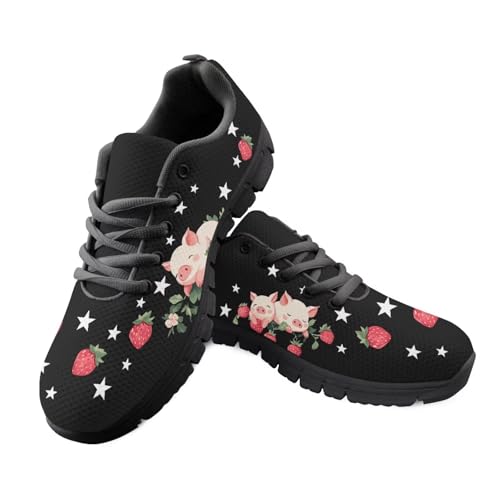 JUDENTIDOS Cute Pig Strawberry Print Womens Walking Running Shoes Lightweight Tennis Fashion Lace Up Athletic Sneakers Footwear