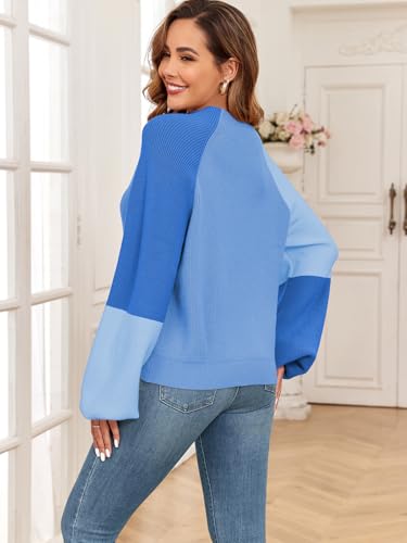 Image of Upopby Women's Fall Winter Color Block Sweaters for Women Trendy Turtleneck Lantern Sleeve Knitted Sweater Jumper Tops
