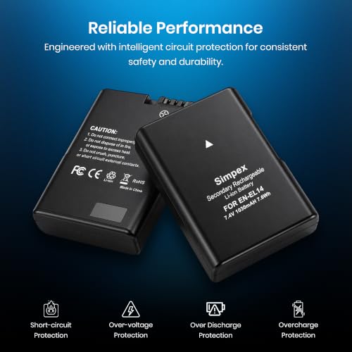 Image of Simpex EN-EL14 Rechargeable Camera Battery 1030mAh 7.4V Li-ion Battery Pack Compatible with Nikon D3100, D3200, D3300, D3400, D3500, D5100, D5200, D5300, D5500, D5600, DF & Coolpix Cameras(Black)