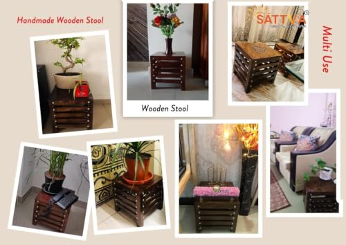 Image of SATTVA Wooden Stool Set of 2 for Living Room & Bedroom | Handmade Solid Mango Wood Stools with Antique Finish | Multipurpose Footstool, Side Table, Plant Stand, Small Sitting Chair & Home - Brown