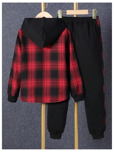 WDIRARA Boy's 2 Piece Outfits Plaid Button Front Hoodie and Sweatpants Tracksuit Clothing Set2