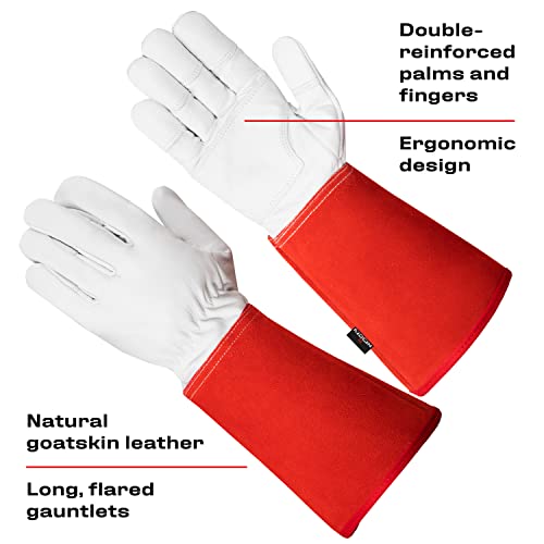 NoCry Guantes largos de jardinería de cuero para mujeres y hombres; a prueba de espinas para podar cactus, rosas y zarzamoras, guantes para trabajos de jardinería; palmas y dedos reforzados; rojo; M