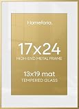Homeforia 17x24 Picture Frame Gold, High End Metal 17x24 Poster Frames with Mat 13x19 Photo, 17 x 24 Gold Frame Matted to 13 by 19 Print, 24by17 Thin Hanging Frames, Tempered Glass, Wall Kit, Set of 1