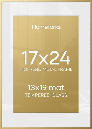 Image of Homeforia 17x24 Picture Frame Gold, High End Metal 17x24 Poster Frames with Mat 13x19 Photo, 17 x 24 Gold Frame Matted to 13 by 19 Print, 24by17 Thin Hanging Frames, Tempered Glass, Wall Kit, Set of 2