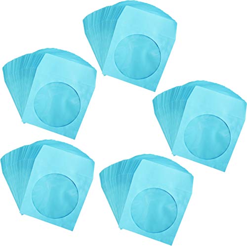 (500-Pack) Blue Colored Paper CD DVD Game Disc Sleeves with Plastic Window - 5 inch x 4-7/8 inch - Safe Compact Disc Storage