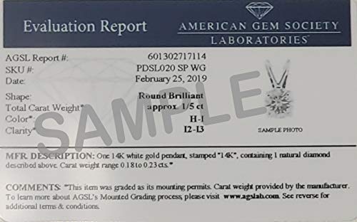 Szul Ags Certified 1/5 Carat Round Diamond Solitaire Pendant In 14K White Gold #TOP1