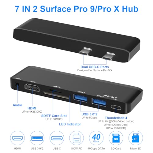 Clickfish Surface Pro 9 Docking Station with 4K HDMI, USB-C Thunderbolt 4 (8K@30Hz Display+40G Data+100W Power), 2 USB 3.0, 3.5mm Audio, SD/TF Card Slot for Surface Pro 9/Pro X