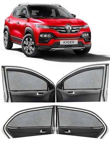 Image of Autofact Magnetic Car Sunshades Compatible with Renault Kiger (Set of 4) - Easy Installation, UV Protection, Keeps Car Cool (Front 2 with Zippers for Easy Access, Rear 2 Without Zippers)