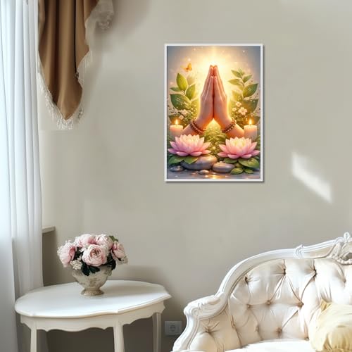 Image of 5D Diamond Art Kits for Adults, Praying Hands Diamond Painting Kits for Beginners, Lotus DIY Full Drill Round Rhinestone Gem Art Crafts Paintings for Spiritual Harmony and Home Wall Decor 12 x 16 inch