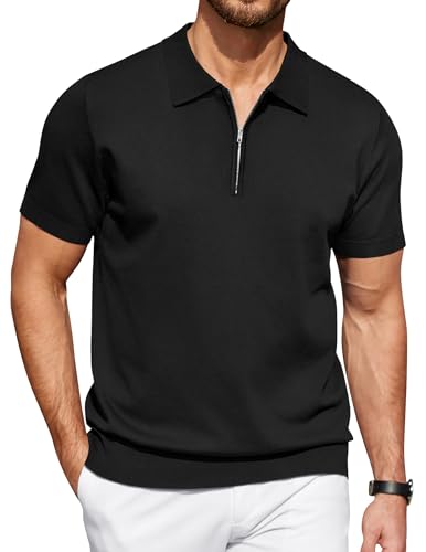 COOFANDY Men's Zipper Polo Shirt Casual Knit Short Sleeve Polo T Shirt Classic Fit Shirts Solid- Black