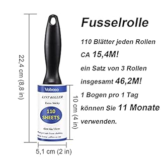 Vabaso 330 Blätter Extra Klebrig Fusselrolle mit 2 Ersatzrollen für Kleidung, Sofa, Bett und Teppich - Fusselroller für Tierhaare, Katzenhaare, Hundehaare Staub & Fussel, ca. 46,2m, 110 Blatt/Rollen