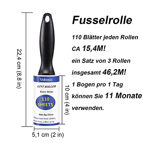 Vabaso 330 Blätter Extra Klebrig Fusselrolle mit 2 Ersatzrollen für Kleidung, Sofa, Bett und Teppich - Fusselroller für Tierhaare, Katzenhaare, Hundehaare Staub & Fussel, ca. 46,2m, 110 Blatt/Rollen
