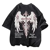 Lytiarul Vintage Goth Punk Shirts for Men Grunge Streetwear Oversized Tshirts Gothic Cross Y2k Graphic Tees Acid Wash T Shirt(Black,L)