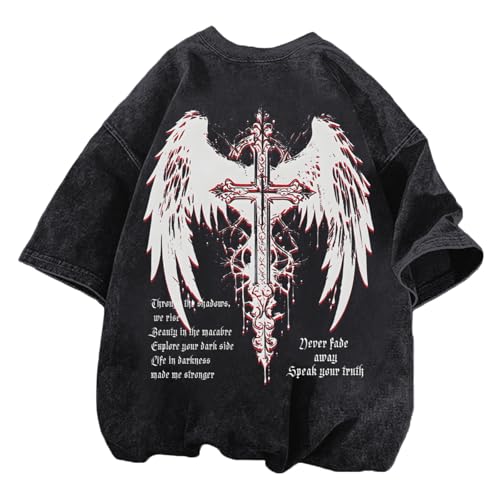 Vintage Goth Punk Shirts for Men Grunge Streetwear Oversized Tshirts Gothic Cross Y2k Graphic Tees Acid Wash T Shirt
