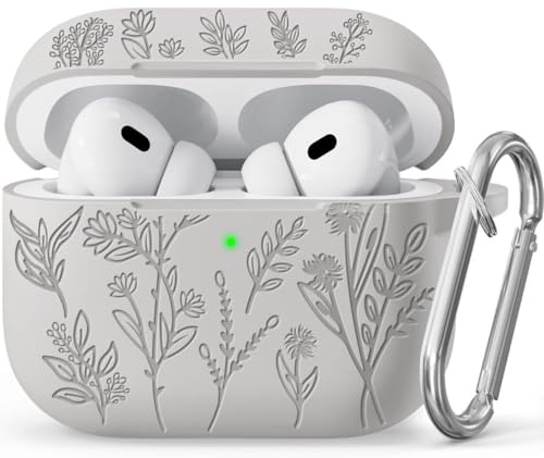 Image of Meyaar Silicone Case for AirPods Pro 3 Floral Embossed, Flower Engraved Soft Silicone Cover with Keychain, Anti-Scratch, Shockproof Protective Case Cover (Light Grey, for AirPods Pro 3 (2025))