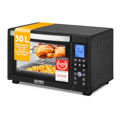 TZS First Austria Mini Horno digital 30L 1600W Minihorno con regulación temperatura hasta 230°C   Con temporizador de 60 min, 3 alturas de inserción, bandeja y parrilla Para cocinas pequeñas y camping
