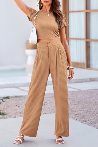 PRETTYGARDEN Women\'s Summer Knit 2 Piece Outfit Short Sleeve Crop Tee Tops Wide Leg Pants Set Tracksuit Loungewear (Khaki,Small) - Thumbnail 4