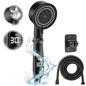 HASTHIP High Pressure Rain Shower Head with Temperature LCD Display | 5 Spray Modes | Turbo Pressurization | Handheld On Off Switch | 1.5m Hose | Water-Saving | Easy Install | Bathroom Cleaning